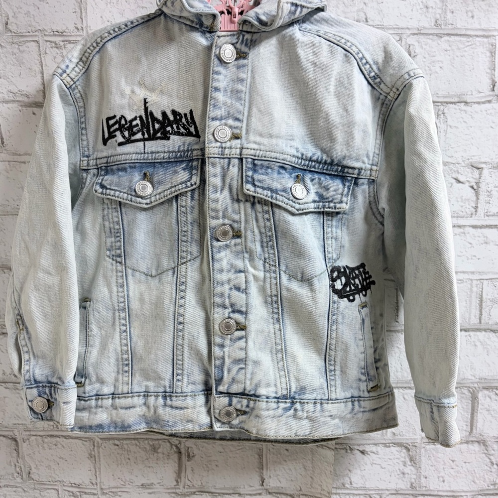 Kids Light Blue Washed Denim Jacket with Black Graphic Accents